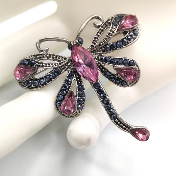 Dragonfly Pink Rhinestone Brooch, Gray Metallic Rhinestones, 1990s Vintage - Picture 1 of 10